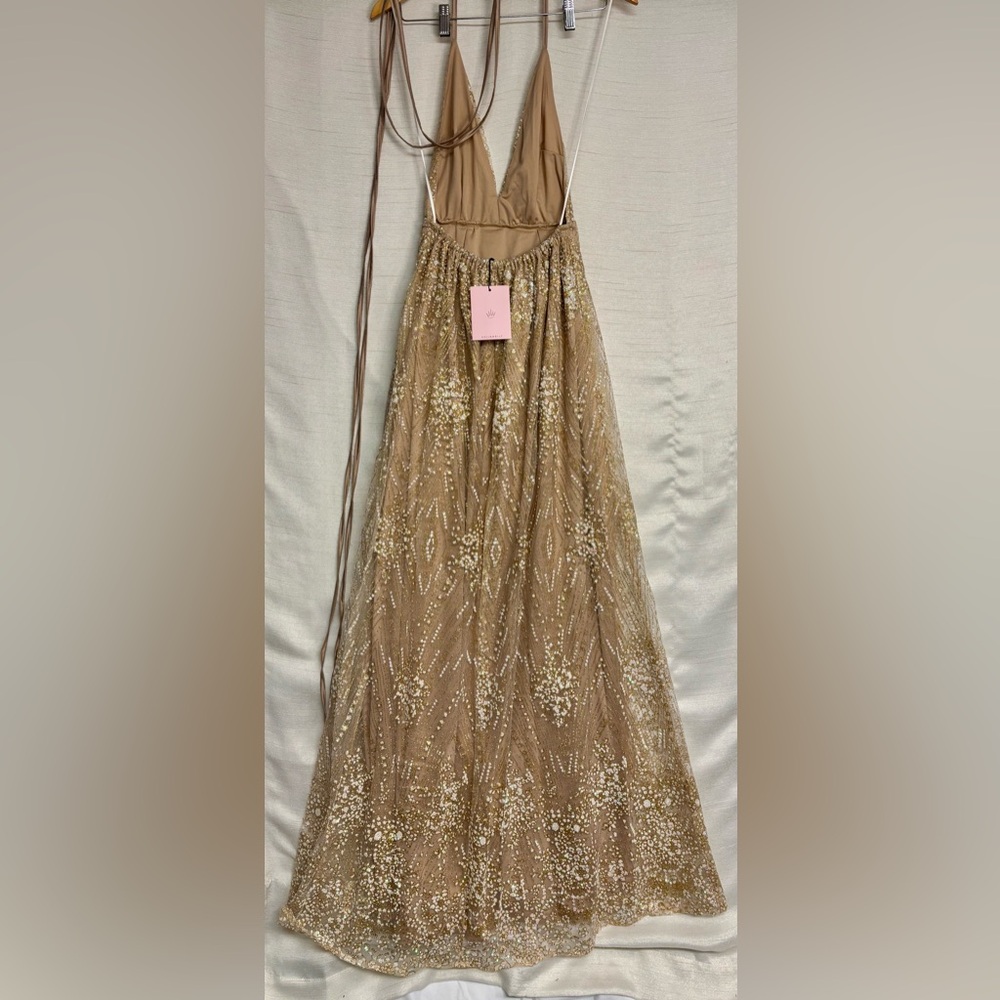 Hello Molly | NWT Gold Sequin Backless Dress Wrap Tie Slit Prom Formal Sexy US 4 - Picture 8 of 13